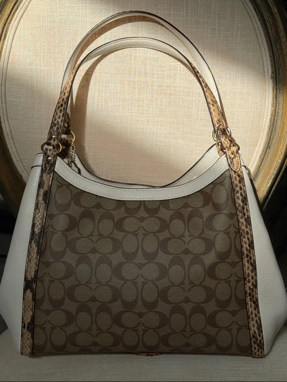 Coach Kristy Signature Canvas Shoulder Bag with White Panels & Snakeskin Trim